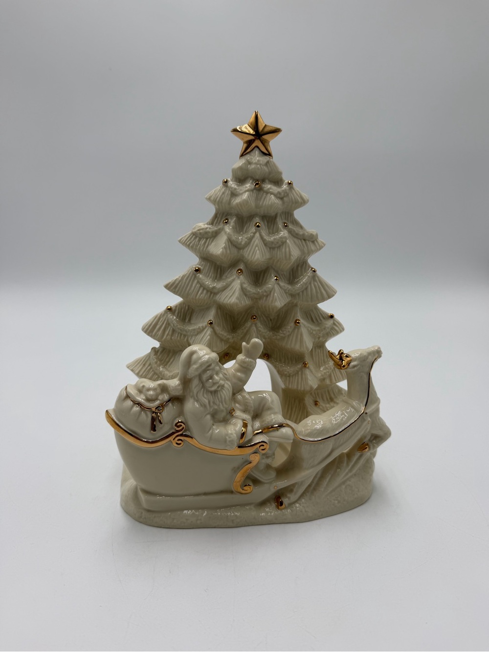 Lenox Santa Sleigh Christmas Tree Porcelain Tea Light Candle Holder Gold